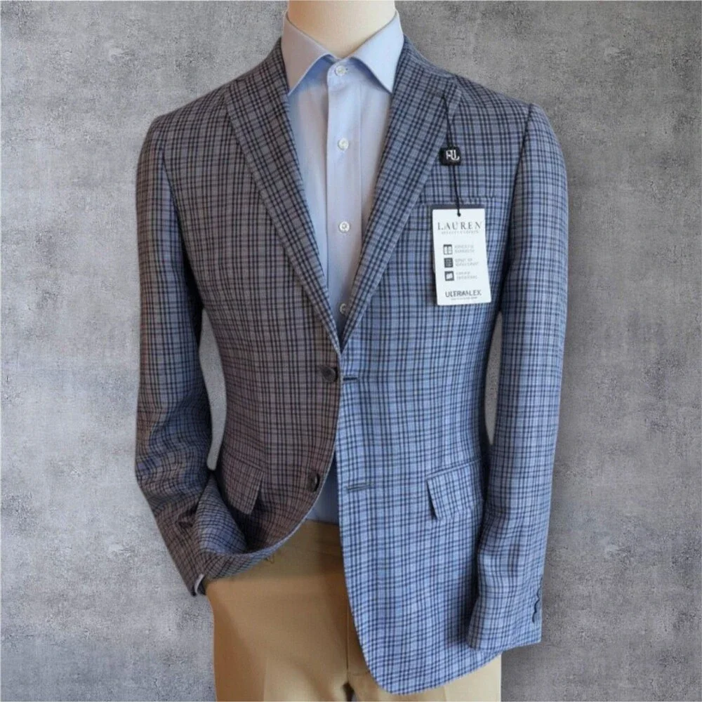 RALPH LAUREN Mens Blazer Sport Coat Two Button Suit Jacket 38R Blue Plaid Linen
